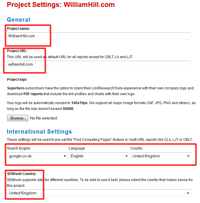 Project Settings Countries
