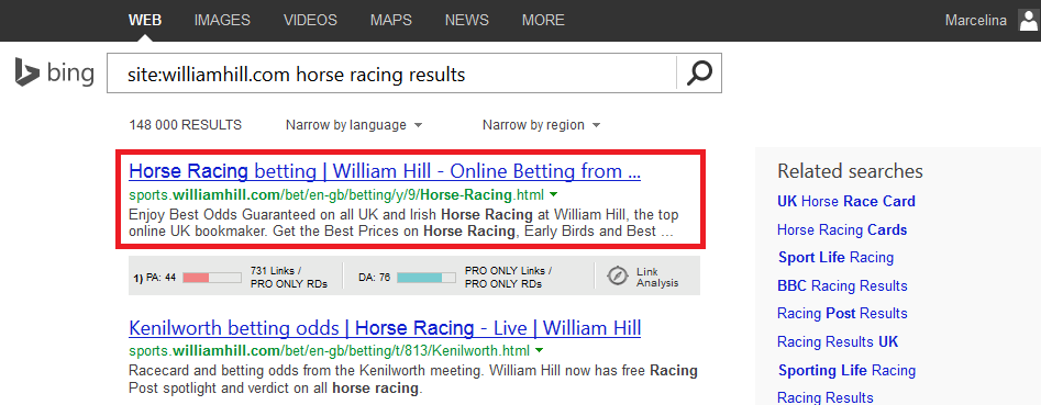 Bing Horse Racing Results