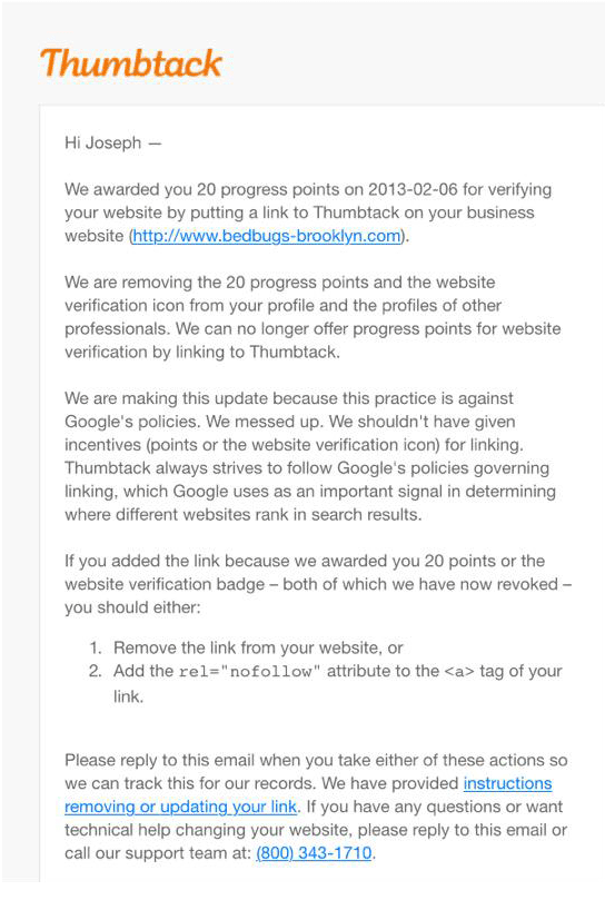 Thumbtack sends email asking for Links to be removed or No Followed