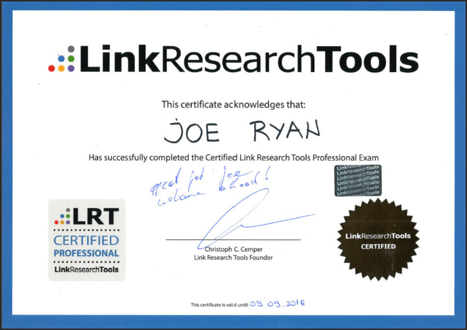 Joe Ryan Certified LinkResearchTools Professional